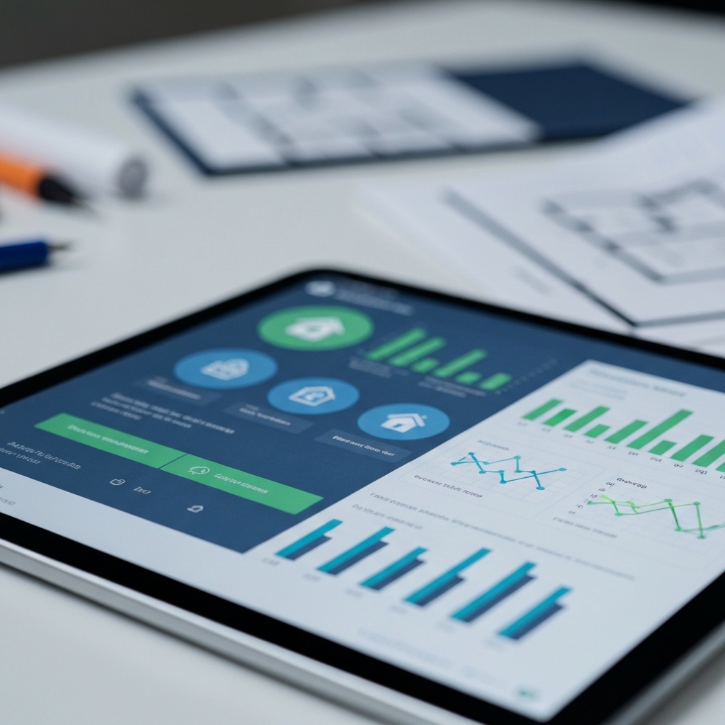 Logiciel pour mandataire MaPrimeRénov sur tablette, avec graphiques d'économies d'énergie et gestion de projet.