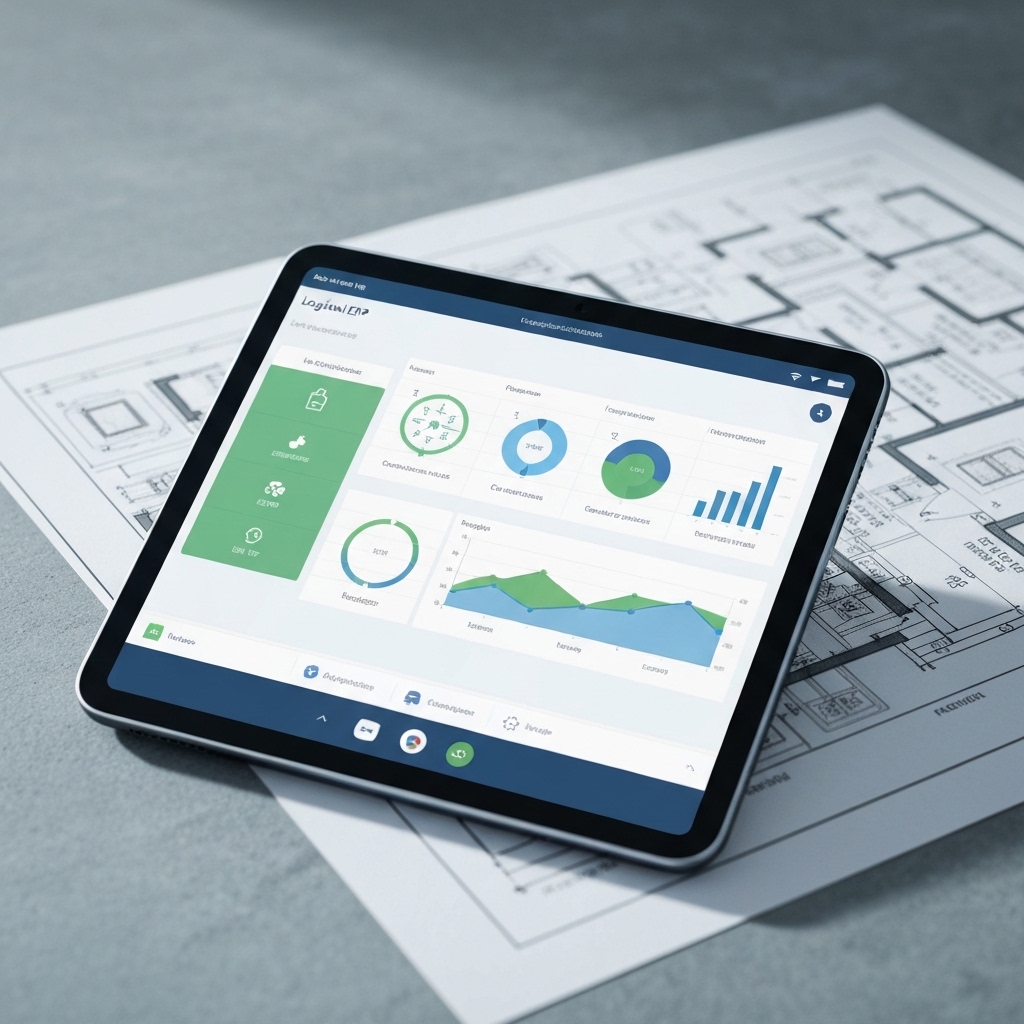 Écran de tablette affichant un tableau de bord ERP BTP pour TPE, optimisant la gestion numérique des petites entreprises de c