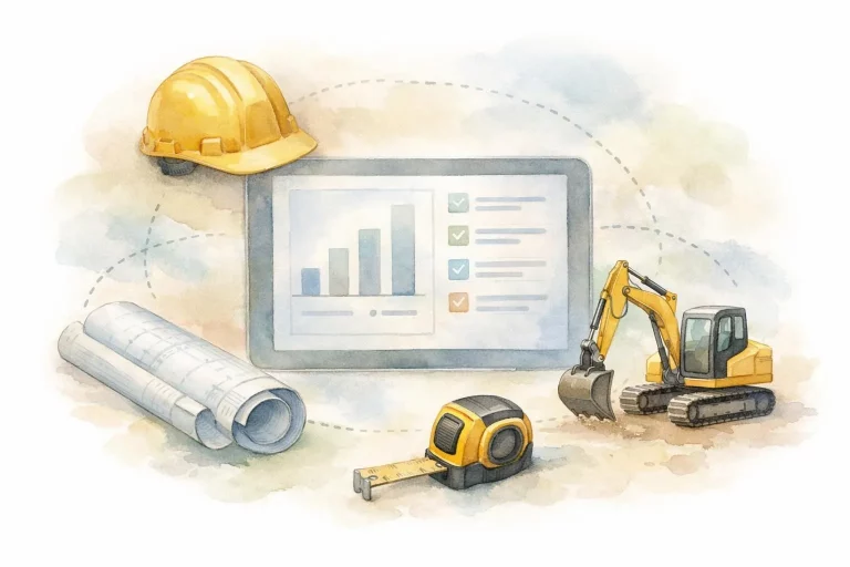 Illustration aquarelle d'outils BTP et d'icônes de gestion de tâches, représentant un logiciel gestion de tâches btp.