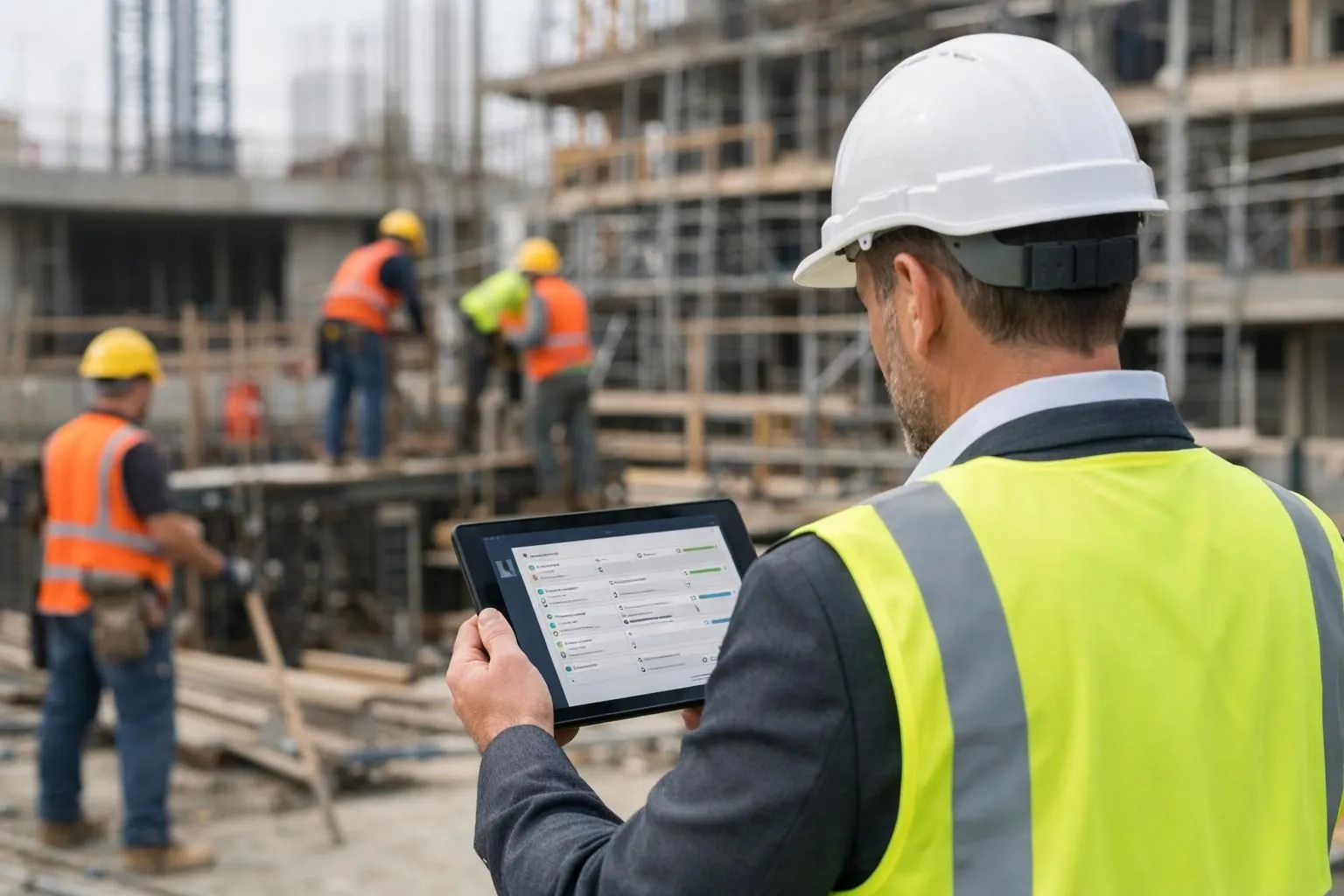 Construction project manager analyzing tablet screen showing task management interface on active building site with workers and scaffolding visible in background, modern professional setting with safety helmets and construction equipment