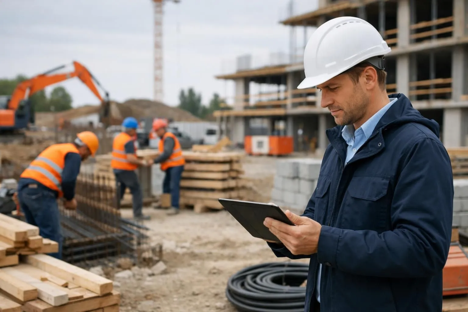 A construction project manager using a tablet on a building site, reviewing digital plans and schedules while construction workers operate in the background, modern construction environment with equipment and materials visible