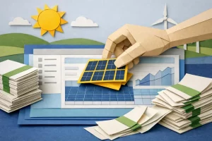 Logiciel suivi CEE pour installateur photovoltaïque: scène en papier découpé d'une main gérant certificats et panneaux solair