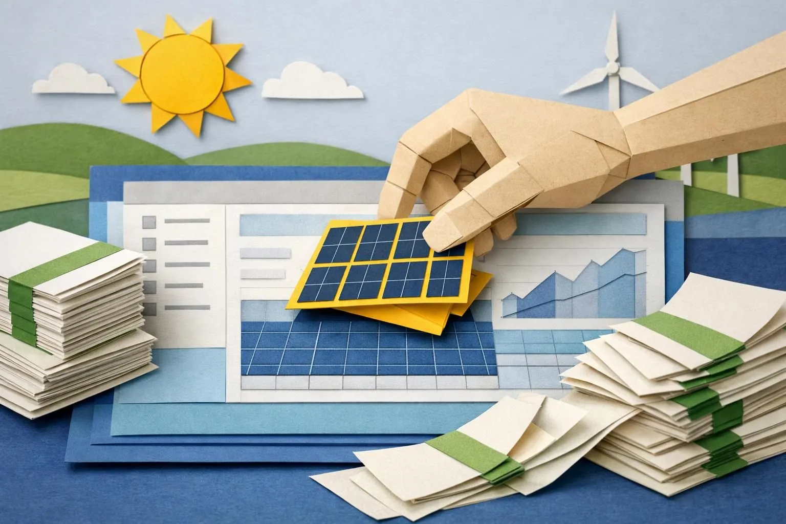 Logiciel suivi CEE pour installateur photovoltaïque: scène en papier découpé d'une main gérant certificats et panneaux solair