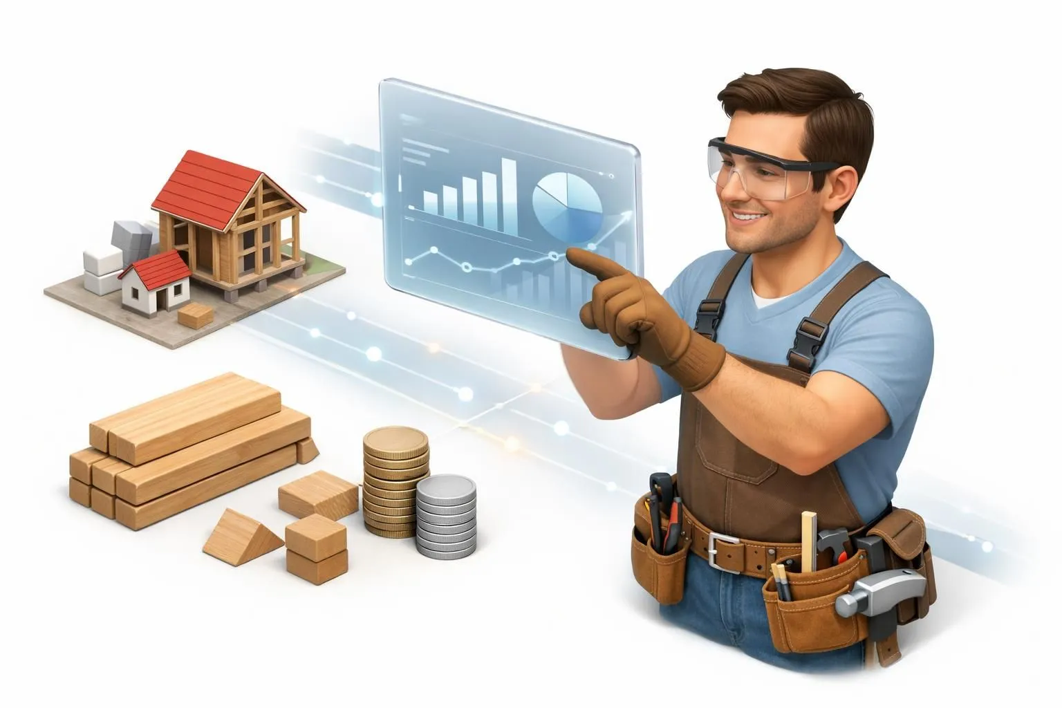 Logiciel ERP pour menuisiers RGE: charpentier gérant chantiers et subventions sur tablette, style 3D isométrique.