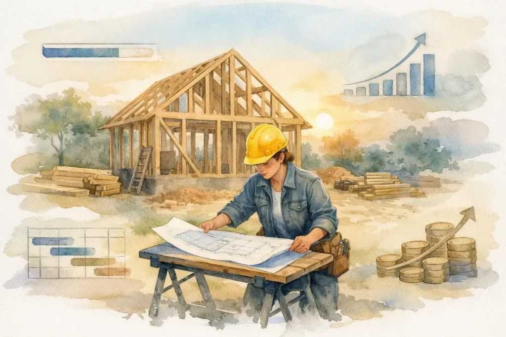 Suivi de chantier petite entreprise: illustration aquarelle d'un entrepreneur optimisant la gestion pour la rentabilité.