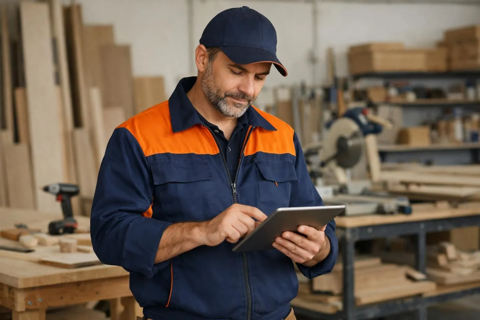 Professional carpenter in work uniform reviewing compliance documents and project files on a tablet device in a modern woodworking workshop, with timber materials and carpentry tools visible on workbenches in the background, natural workshop lighting