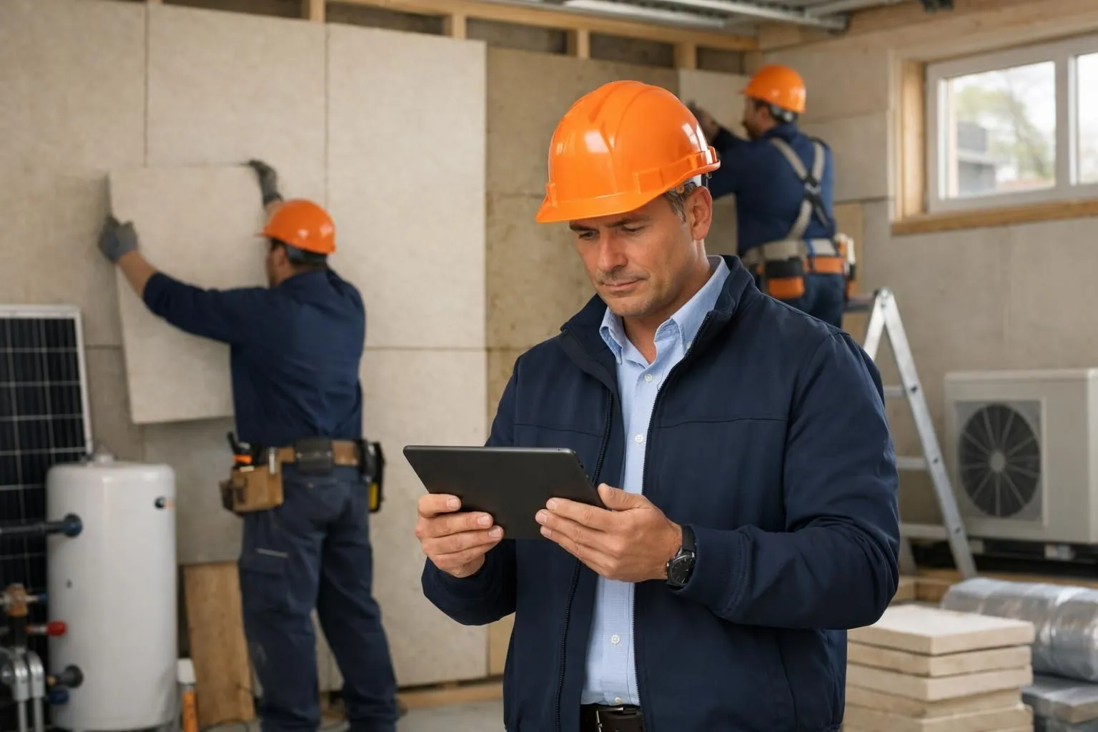 Small construction company manager reviewing blueprints on tablet with renovation workers installing insulation panels in background, construction site with energy efficiency equipment visible, natural lighting, realistic professional setting