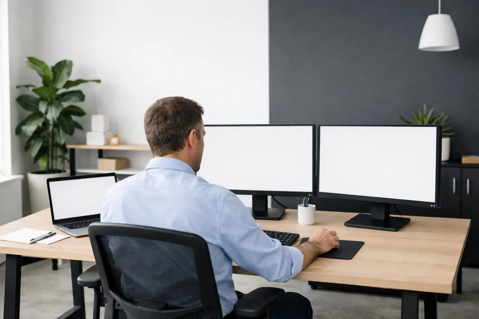 Energy efficiency consultant working at dual monitors displaying compliance dashboards and project tracking software in modern open-plan office with natural lighting