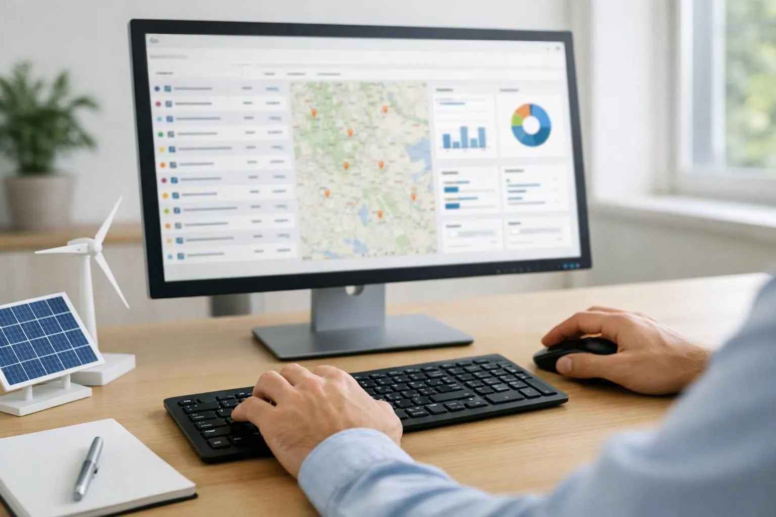 Modern office desk with dual monitors displaying energy certificate management software dashboard, one screen showing project tracking interface with photovoltaic installation folders, the other displaying real-time status updates and financial metrics, professional lighting with solar panel visible through window background