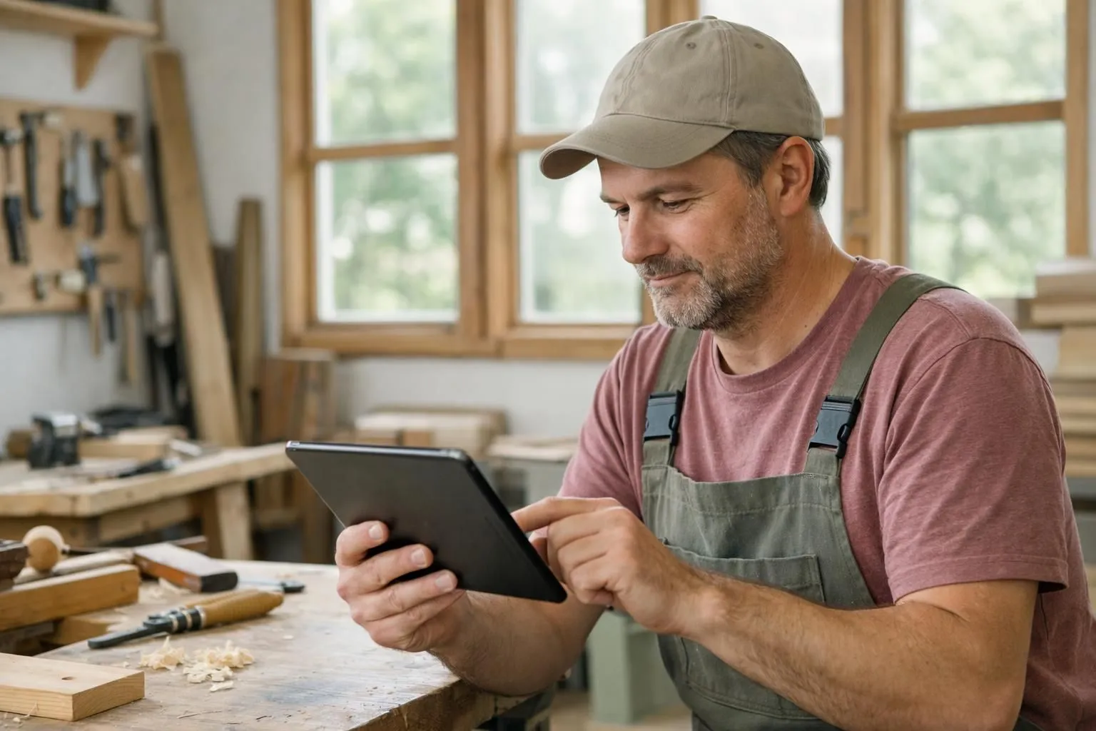 Artisan menuisier consultant un tableau de bord ERP sur tablette dans son atelier, avec des fenêtres en bois en arrière-plan et des outils de menuiserie visibles, éclairage naturel d'atelier