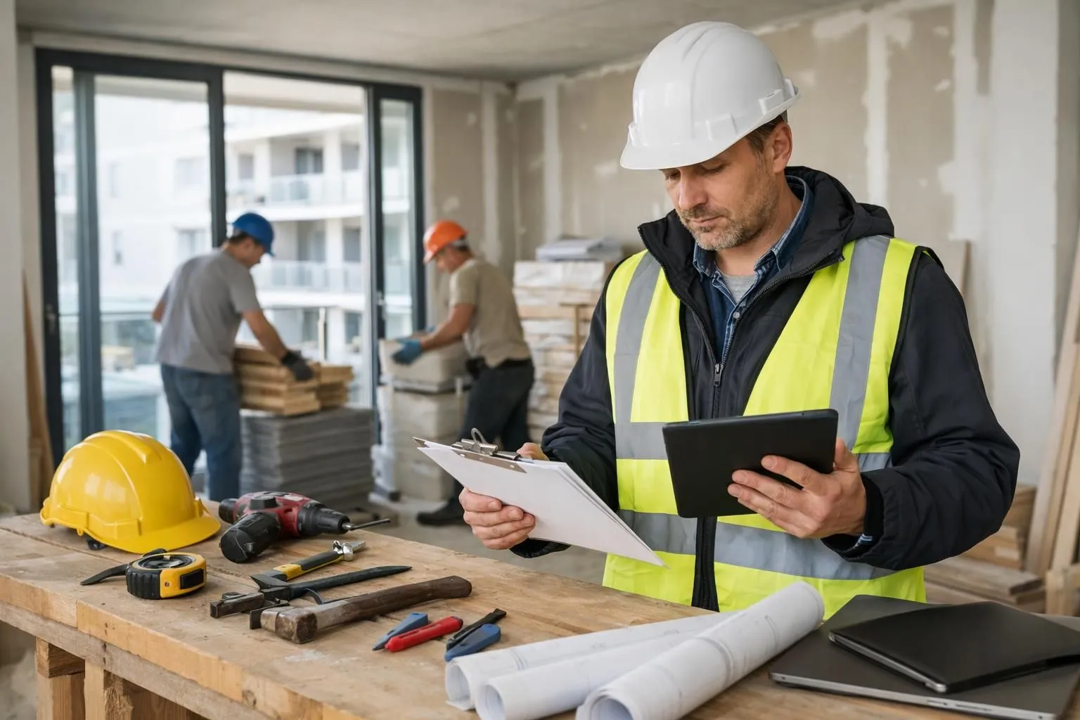 Construction foreman reviewing paper checklist and digital tablet on renovation site, workers organizing materials in background, modern residential building under construction, natural daylight, organized workspace showing both traditional and digital tools