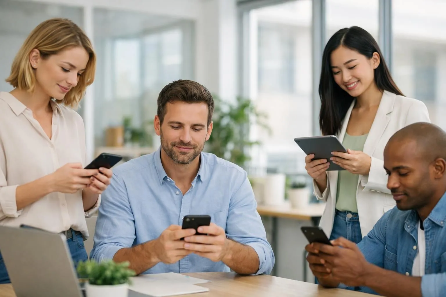 Modern office environment showing multiple team members accessing cloud-based business software on laptops and tablets, with visual representation of data synchronization between devices, professional setting related to energy efficiency certificate management