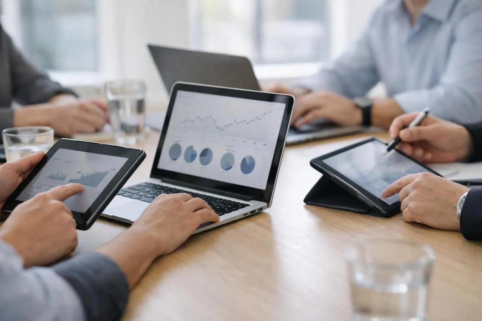 Business team reviewing energy efficiency project data on multiple connected devices in modern collaborative workspace with dashboard displays showing project tracking and compliance metrics