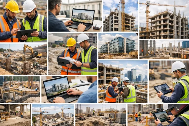 Collage photo authentique: logiciels SaaS BTP optimisant gestion de chantiers de construction et équipes modernes.