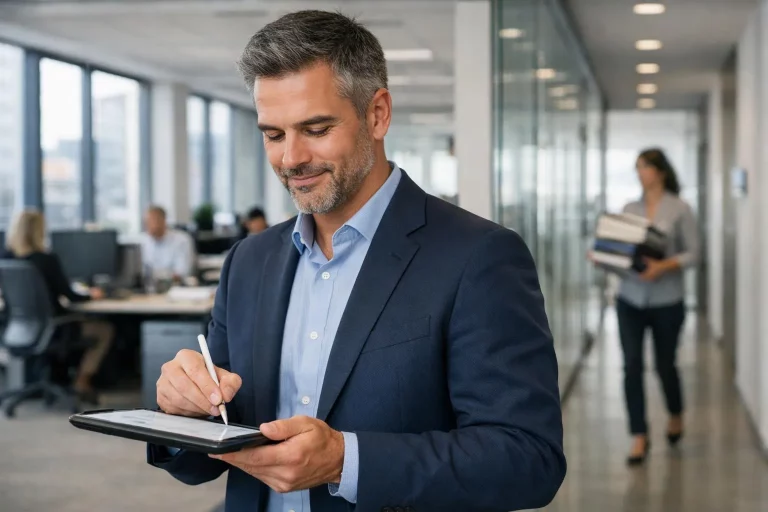Professionnel signant sur tablette dans un bureau CEE moderne, illustrant la simplification du logiciel signature électroniqu