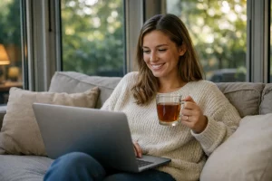 Femme au salon avec ordinateur portable, verre de thé à la main, dans une pièce bien isolée avec fenêtres étanches.