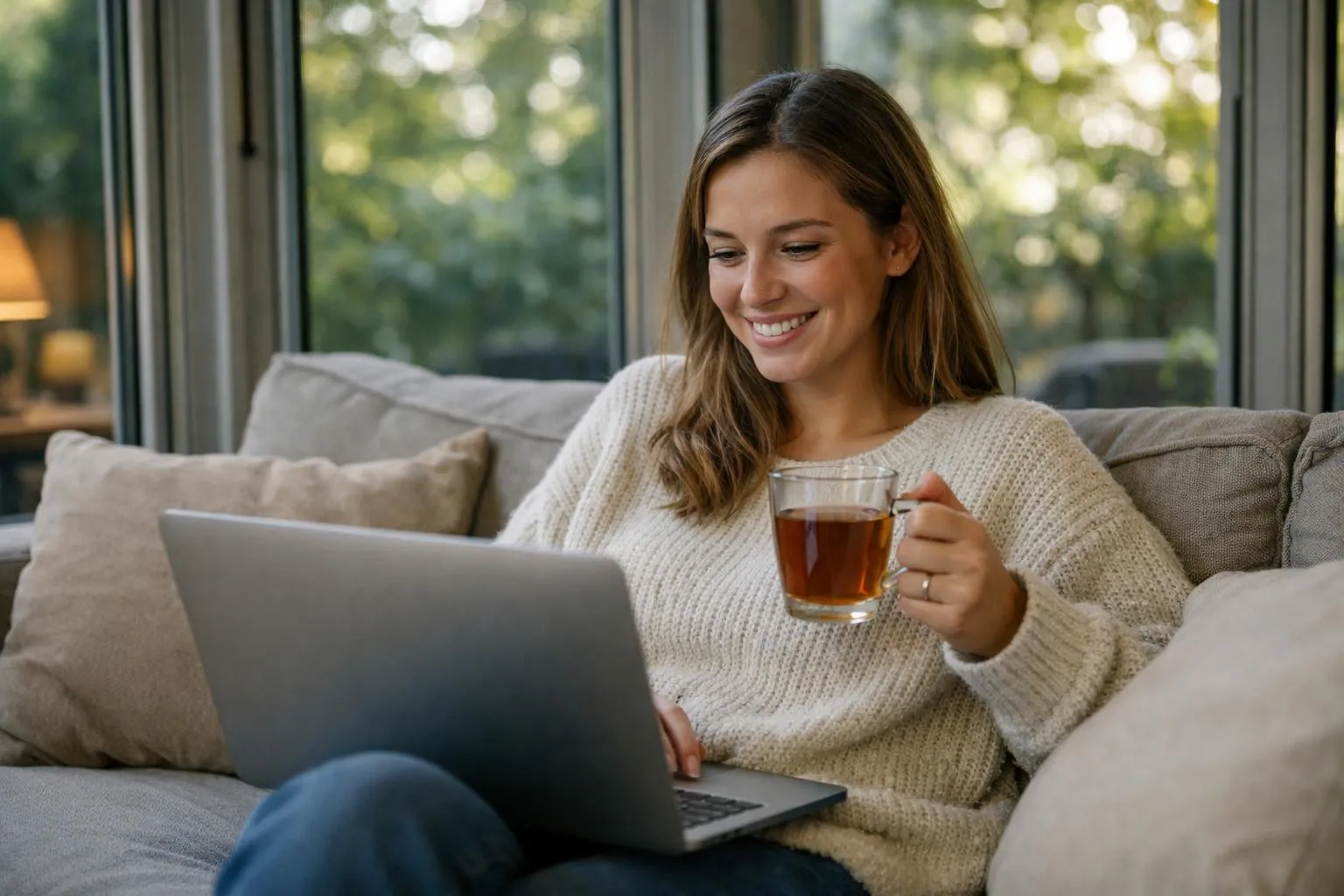 Femme au salon avec ordinateur portable, verre de thé à la main, dans une pièce bien isolée avec fenêtres étanches.