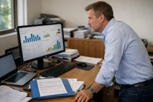 "Gestion Ma Prime Rénov' PME : un chef d'entreprise consulte son tableau de bord"