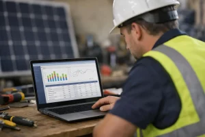 Logiciel gestion primes énergie pour installateurs - Un professionnel consulte un logiciel sur ordinateur dans un atelier