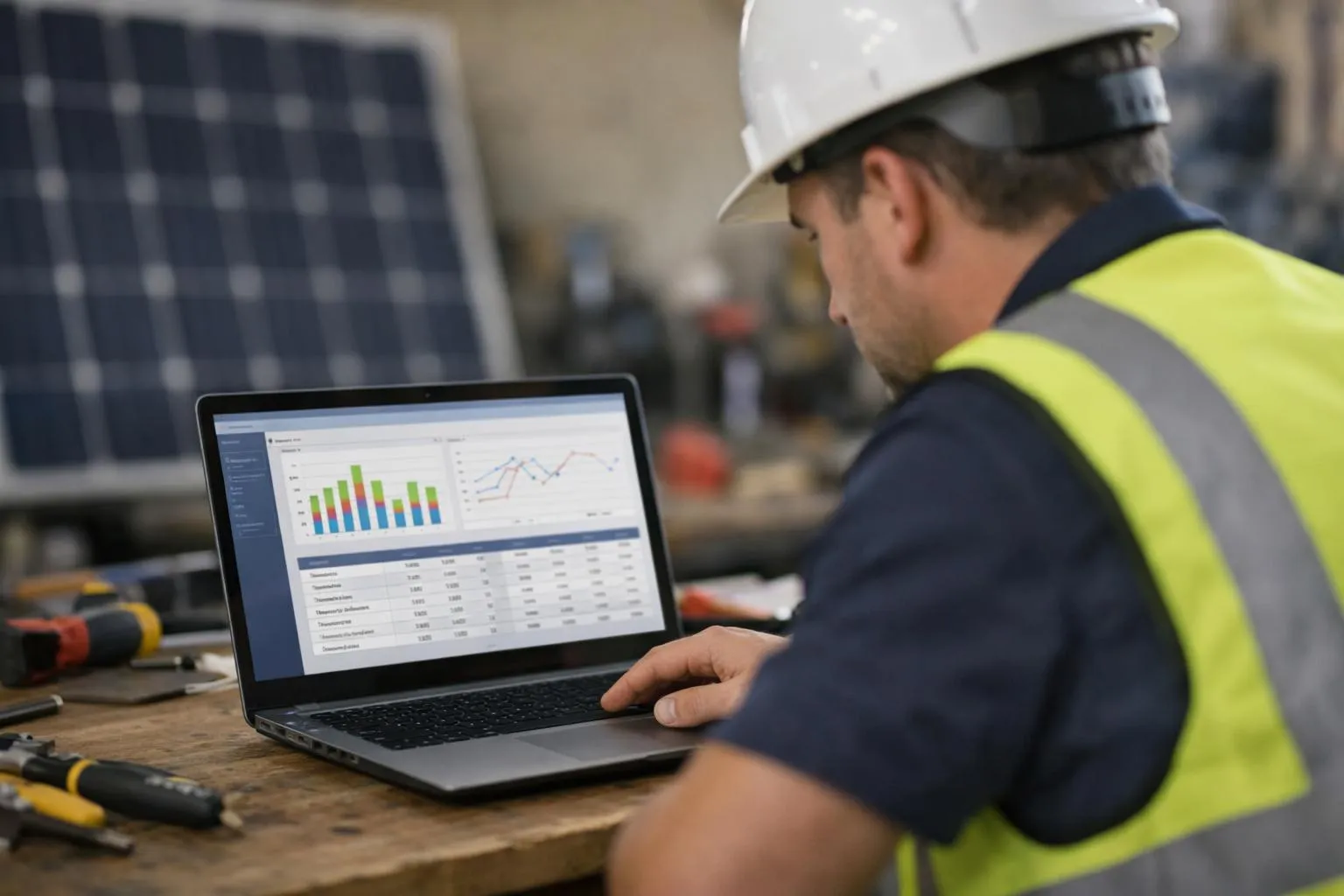 Logiciel gestion primes énergie pour installateurs - Un professionnel consulte un logiciel sur ordinateur dans un atelier