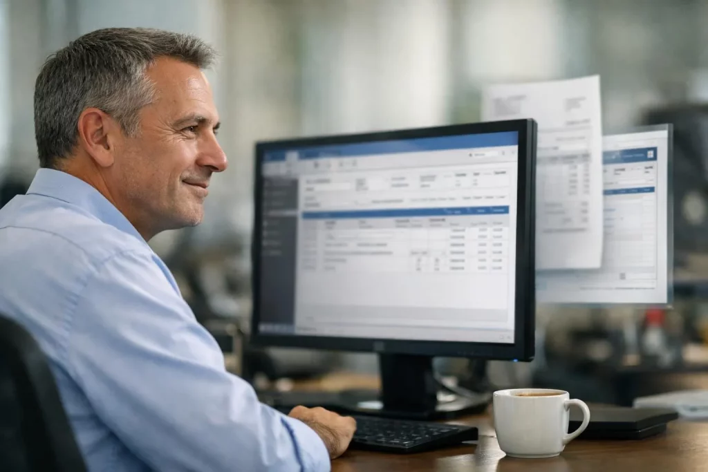 Intégration Factur-X et PDP ERP pour une gestion efficace, un homme consulte un écran d'ordinateur affichant un système ERP s