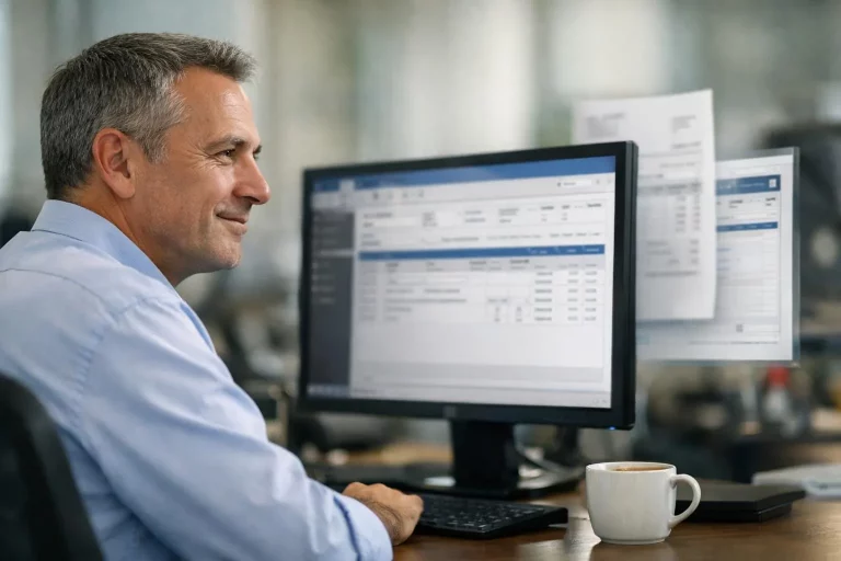 Intégration Factur-X et PDP ERP pour une gestion efficace, un homme consulte un écran d'ordinateur affichant un système ERP s