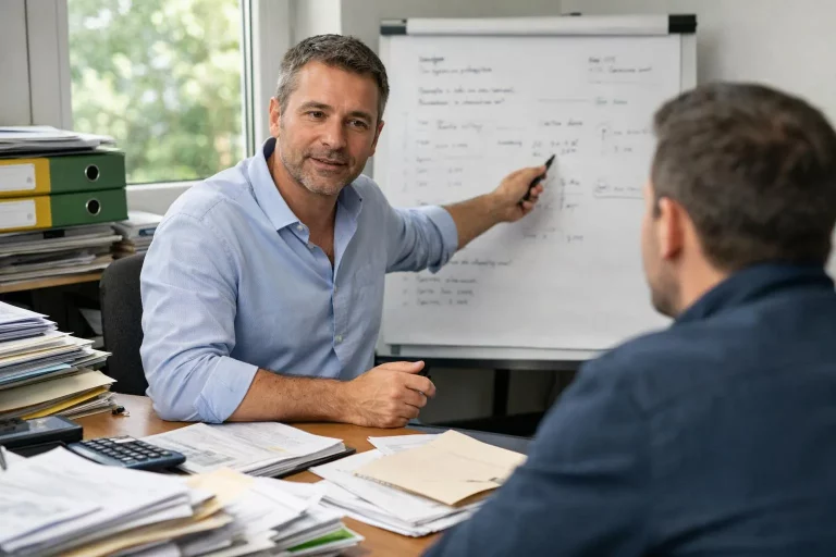 Gestion primes énergie pour courtiers, discussion avec client, courtier expliquant les démarches de gestion des primes énergi