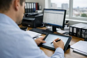 Un professionnel valide un devis avec signature électronique sur un ERP