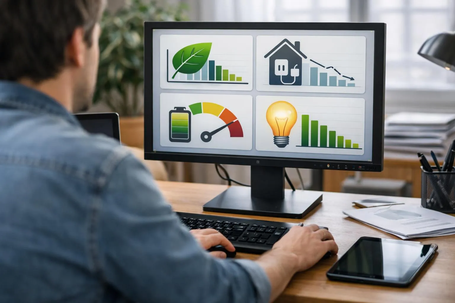 Logiciels pour programme d'économie d'énergie : une personne consulte des outils sur ordinateur pour réduire sa consommation