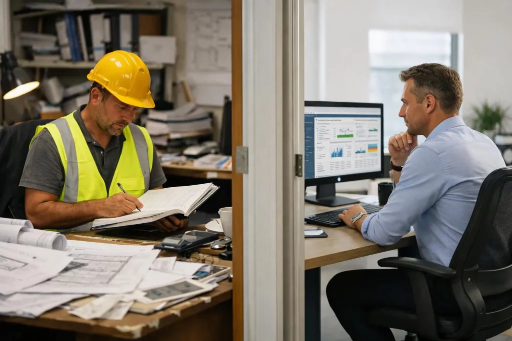 ** "Bâtiment professionnel avec ouvriers utilisant CRM bâtiment et ERP pour gestion travaux"