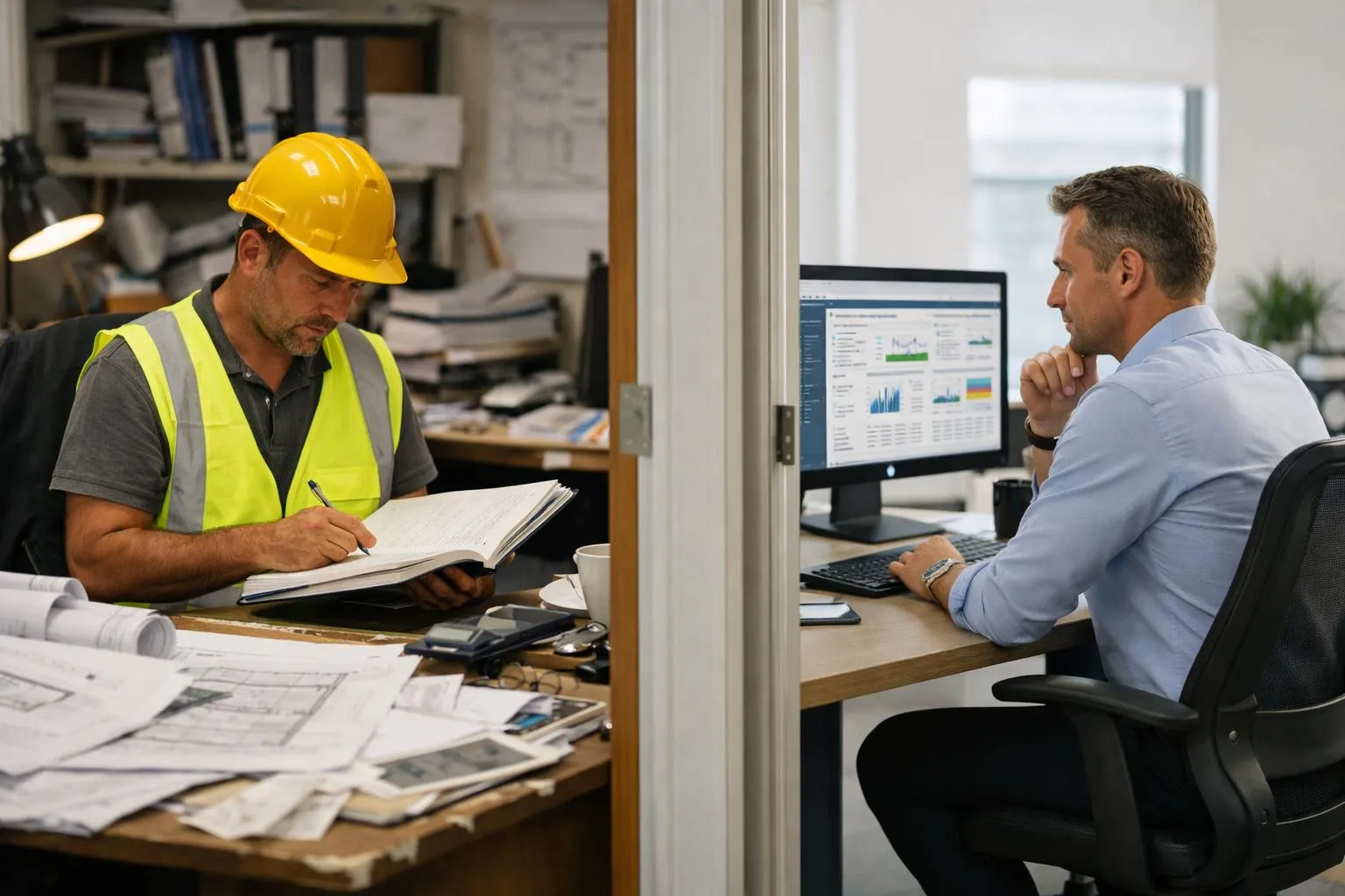 ** "Bâtiment professionnel avec ouvriers utilisant CRM bâtiment et ERP pour gestion travaux"