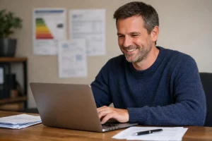 Intégrer primes CEE devis - Un homme d'affaires consulte un devis sur son ordinateur portable avec des documents CEE en arriè