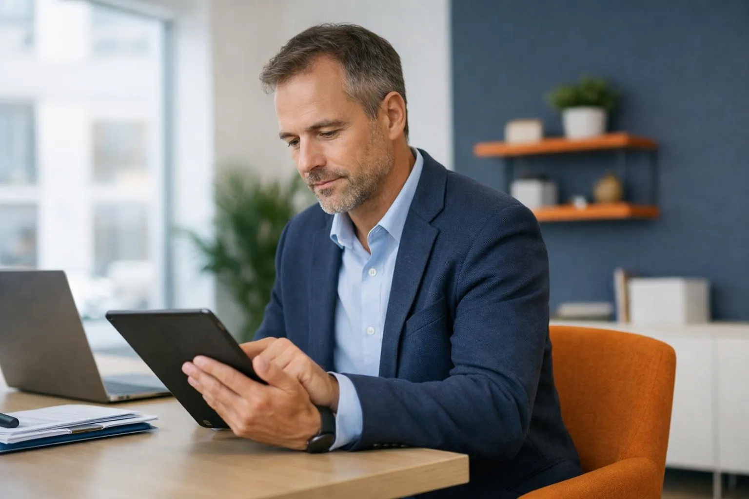 Professional energy consultant reviewing digital energy efficiency certificates on modern tablet device in bright contemporary office, focusing on electronic document workflow and signature process, natural lighting, realistic business environment