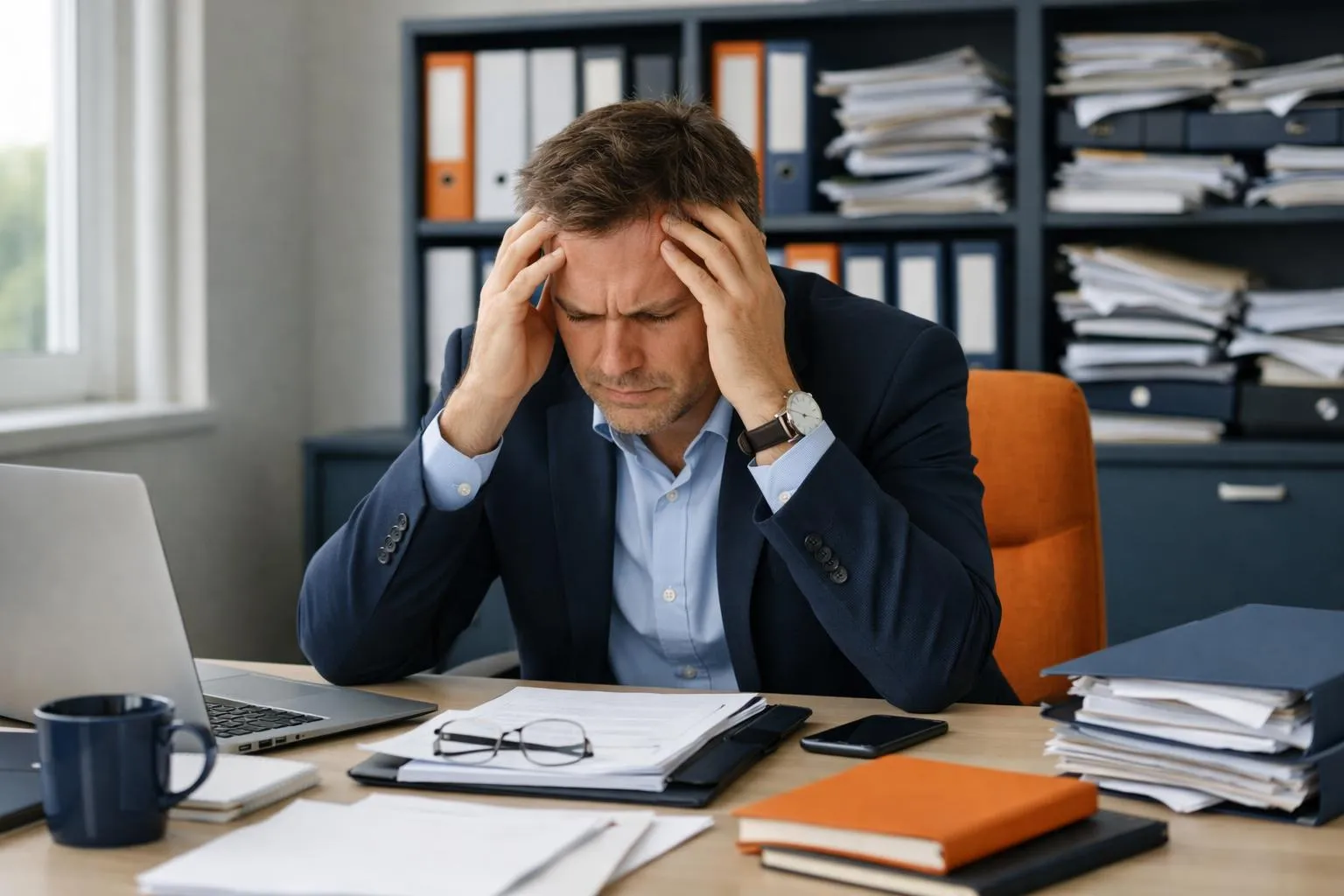 Frustrated small business owner sitting at cluttered desk covered with stacks of paper documents, Excel spreadsheets visible on laptop screen, filing cabinets overflowing in background, office setting with visible stress, realistic photography style, natural office lighting