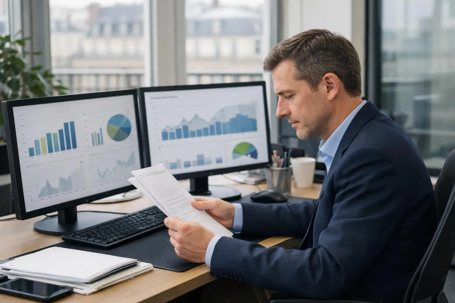 Un analyste professionnel en affaires examine la documentation sur les subventions énergétiques sur deux écrans d'ordinateur dans un bureau français moderne avec des tableaux de bord de données et des graphiques de conformité réglementaire affichés.