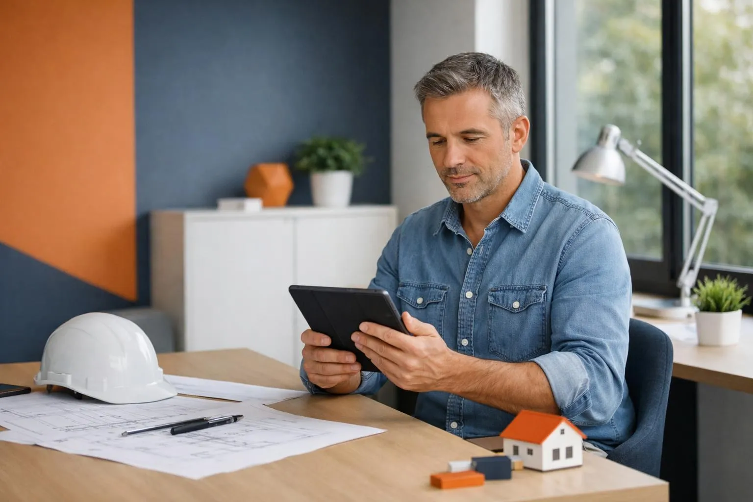 Consultant en rénovation énergétique professionnelle examinant des documents techniques sur une tablette, assis à un bureau de bureau moderne avec des plans et des diagrammes d'efficacité énergétique visibles, éclairage naturel par la fenêtre, tenue vestimentaire décontractée.