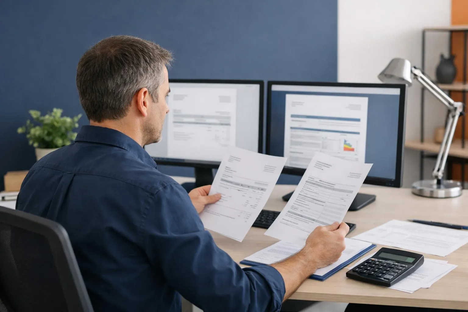 Professional energy renovation consultant reviewing invoices and CEE certification documents on dual monitors in modern office, with calculator and official forms visible on desk