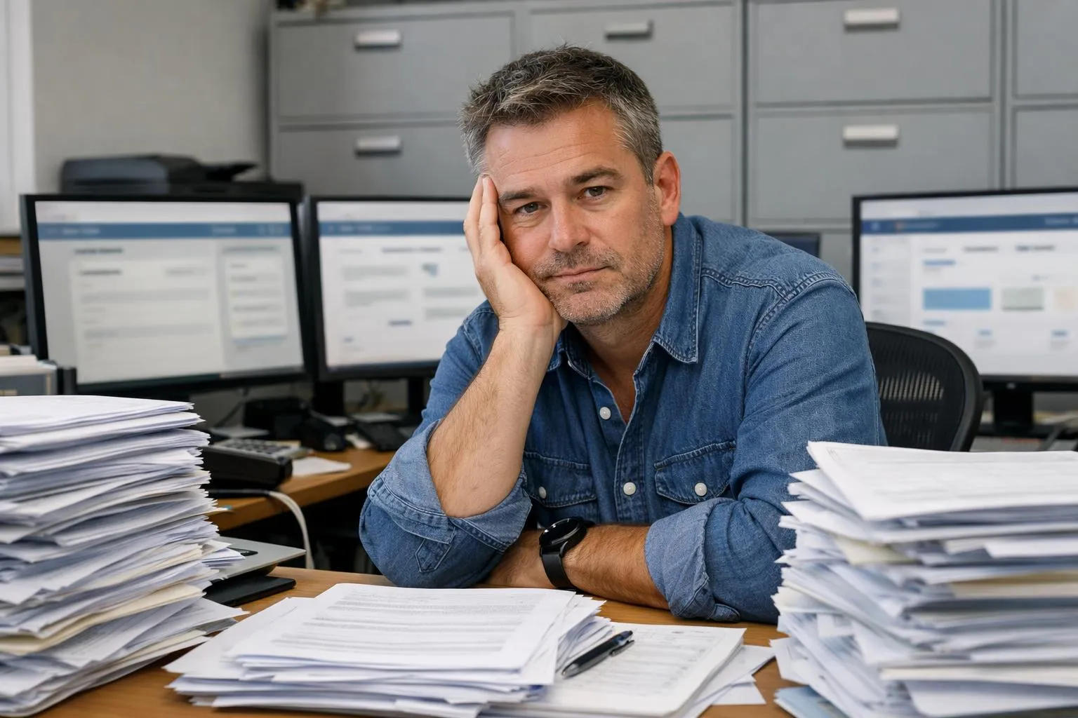 Small business owner sitting at cluttered desk surrounded by stacks of paper energy subsidy forms, multiple computer monitors displaying different administrative platforms, calculator and files scattered across workspace, frustrated expression, modern small office environment with filing cabinets visible in background
