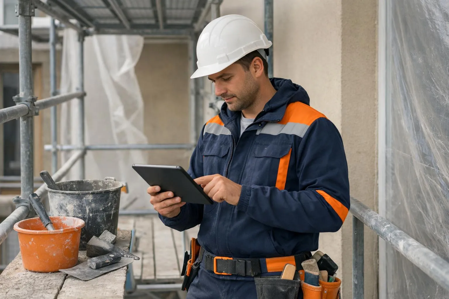 Façadier en vêtements de chantier tenant une tablette numérique devant un échafaudage métallique installé sur une façade de bâtiment en rénovation, avec des outils professionnels visibles au premier plan