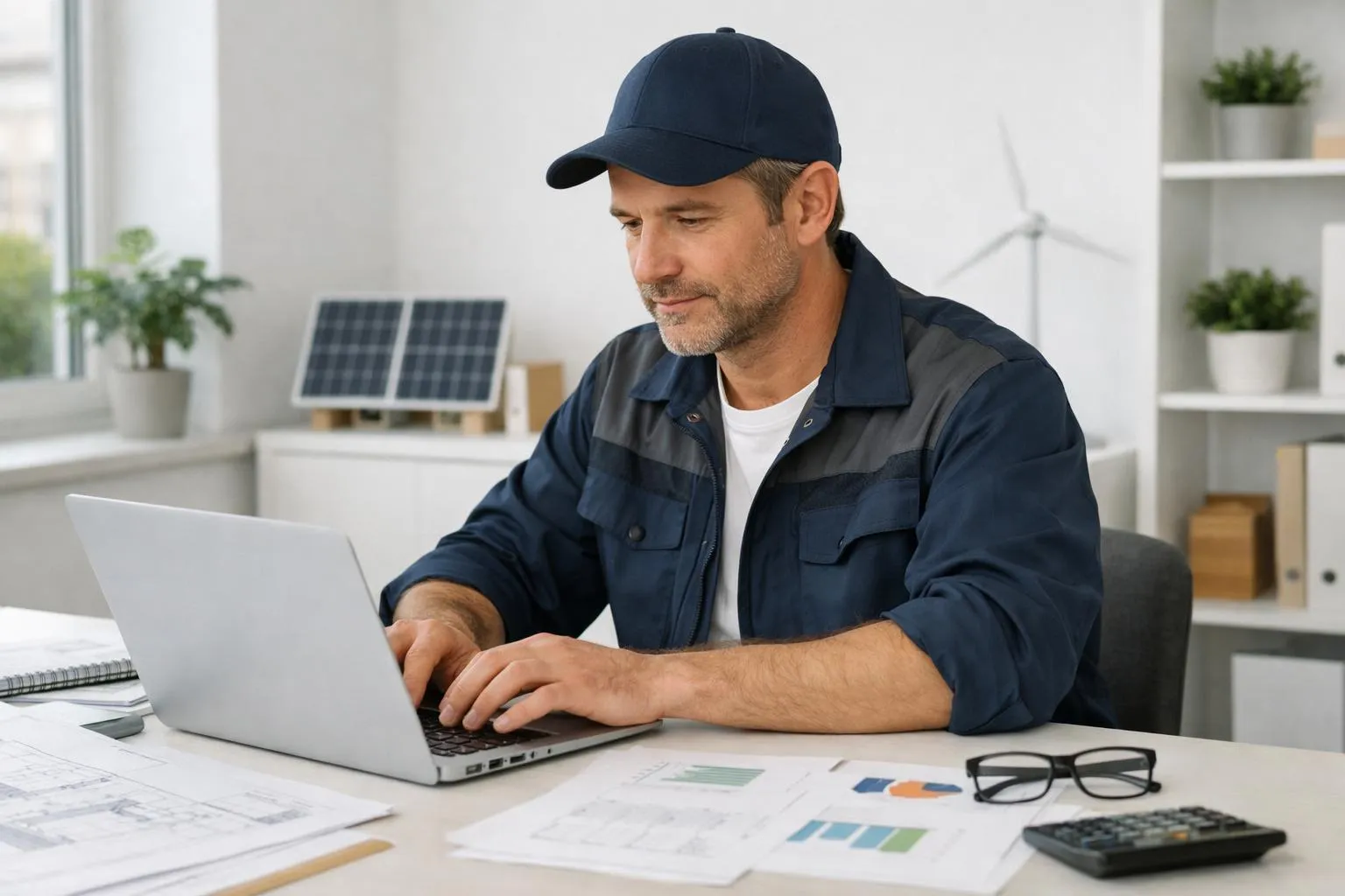 Professional energy installer working at desk with laptop displaying software interface, surrounded by technical certification documents and energy efficiency charts, modern bright office environment with natural light