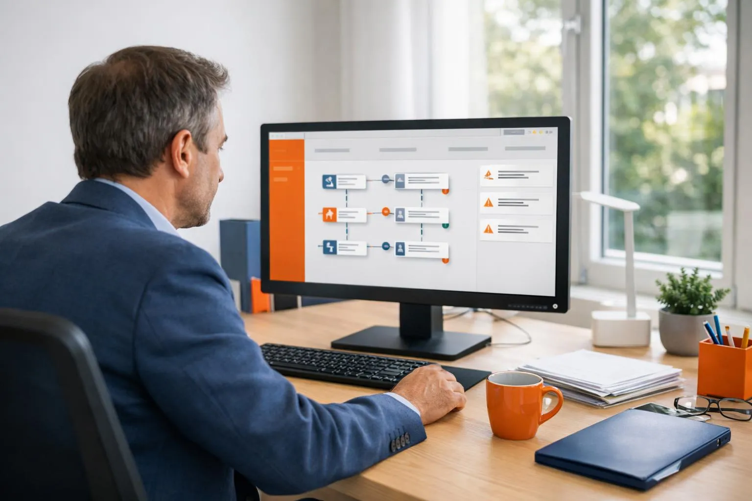 A professional French small business owner in their office reviewing digital invoices on a modern computer screen, with visible ERP software interface displaying electronic billing workflows and compliance notifications, bright natural lighting through office windows, realistic documentary style photography