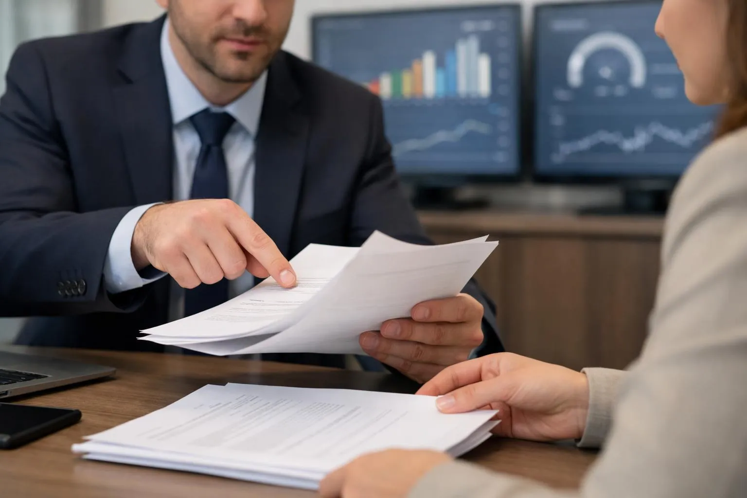 Energy broker consulting with business client at desk surrounded by compliance documents and digital monitoring screens showing energy certificates tracking, professional office setting with modern data visualization tools in background