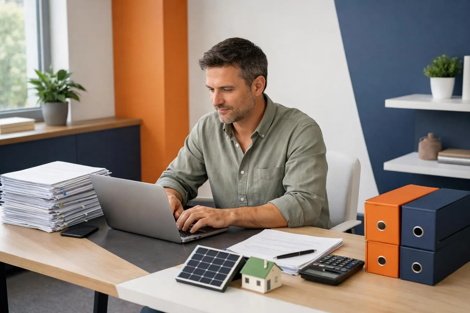 Homme d'affaires travaillant sur ordinateur portable dans un bureau moderne.