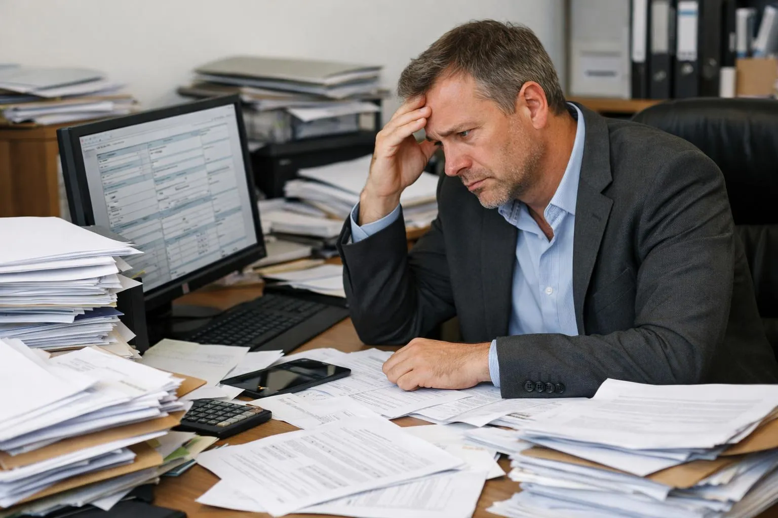 Homme d'affaires stressé entouré de documents et de paperasse.