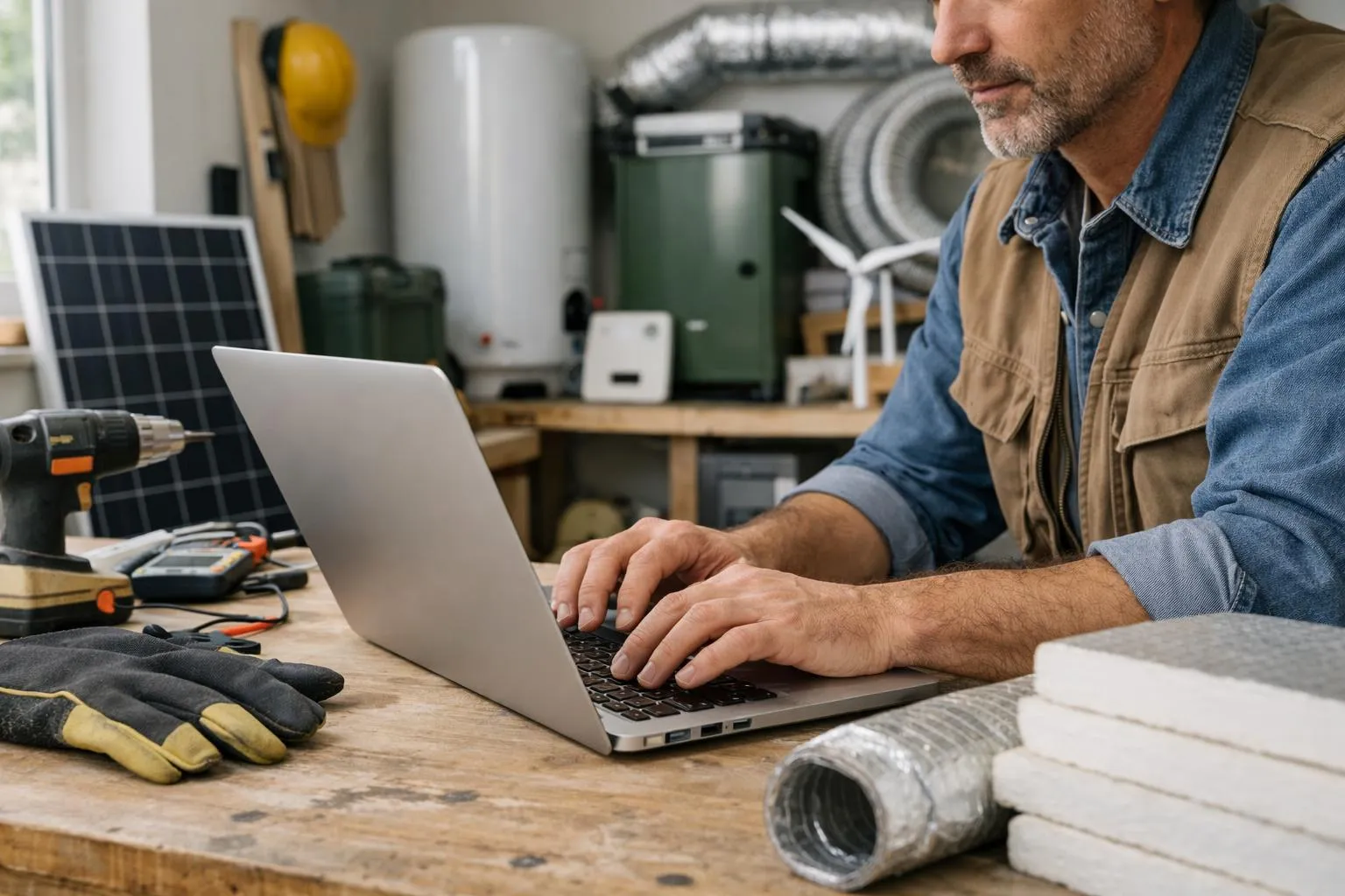 Homme barbu travaillant sur un ordinateur portable dans un atelier.