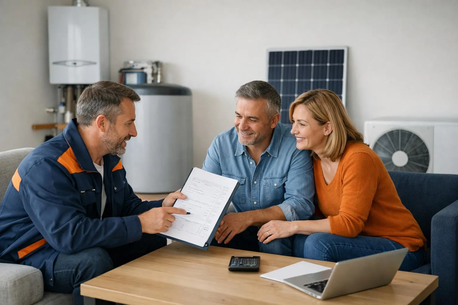 Couple discutant avec un technicien sur un document à la maison.