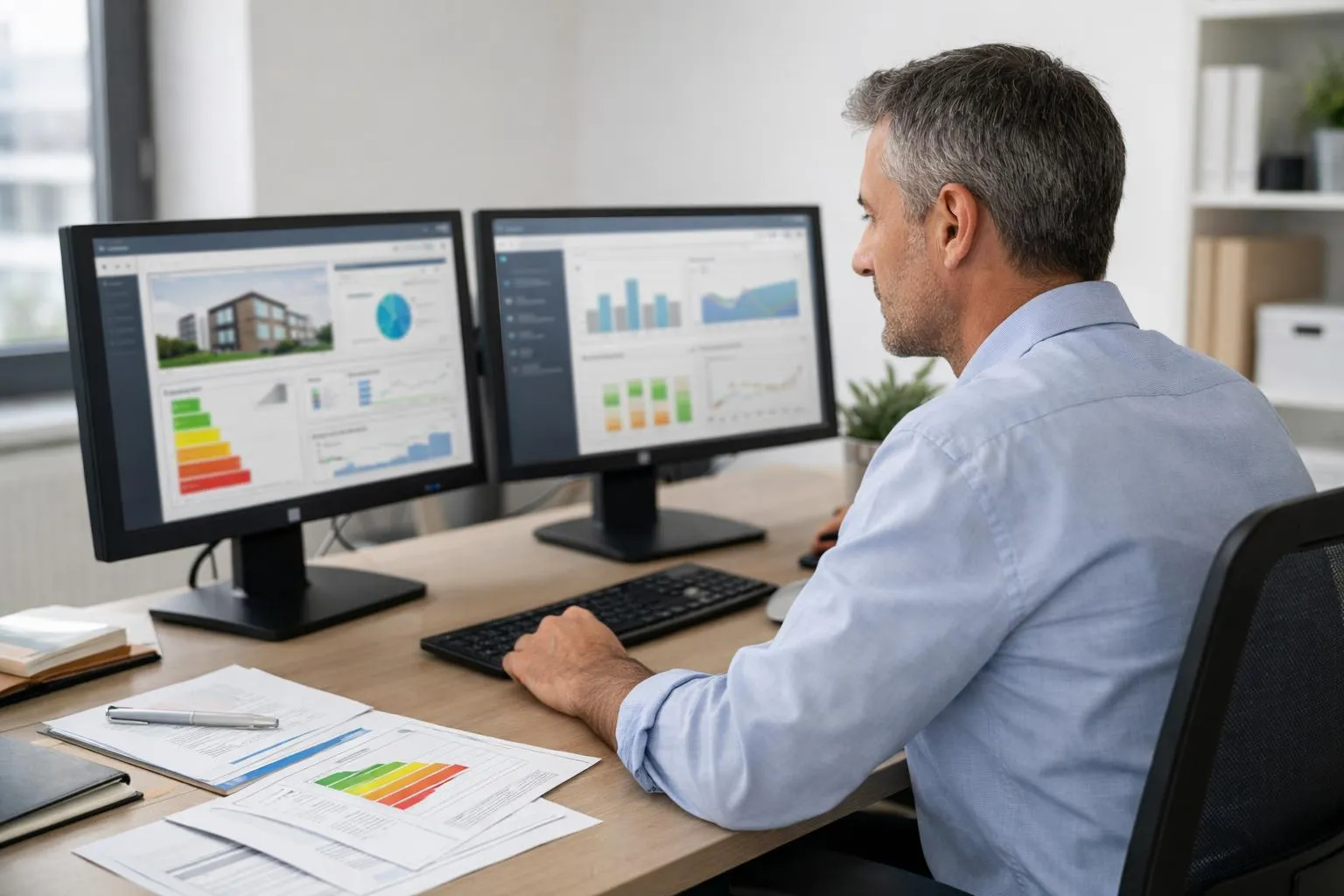 Homme d'affaires analysant des données sur plusieurs écrans d'ordinateur.