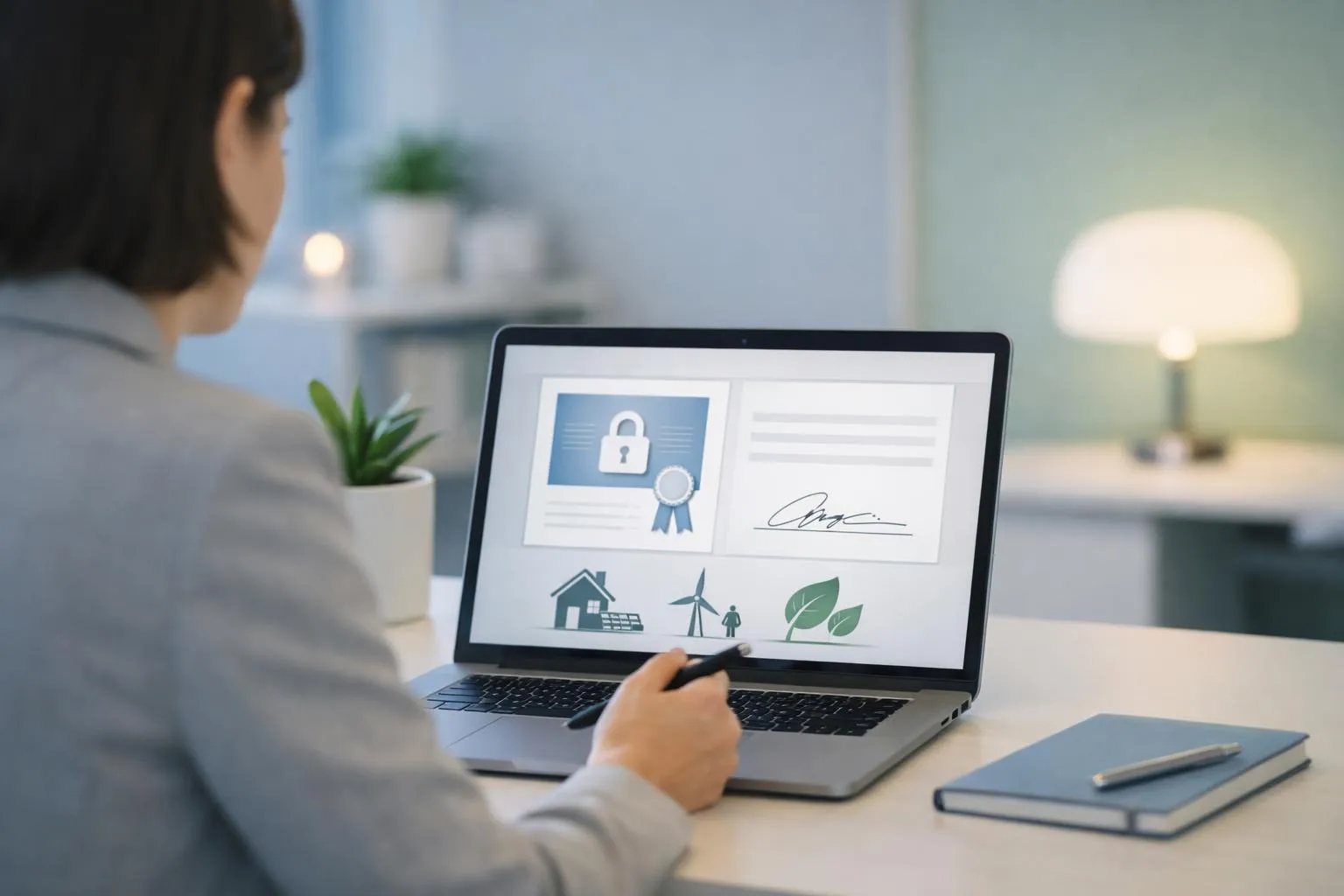 Modern laptop screen displaying digital signature interface with secure certificate validation icons and energy efficiency document, professional office environment with blue and green accent lighting, clean corporate photography style showing business professional reviewing electronic signature workflow
