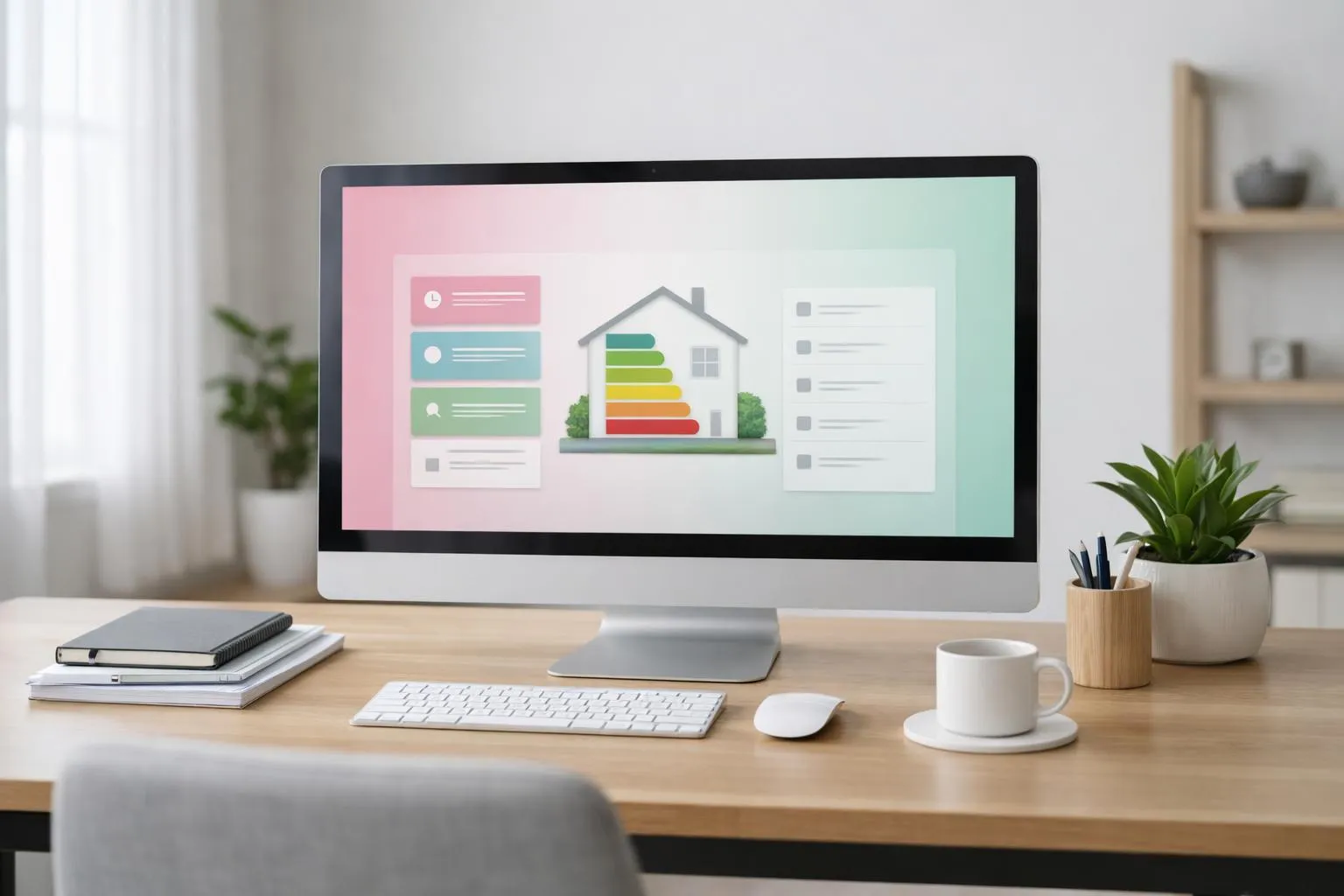 Modern office workspace with computer monitor displaying energy certificate management dashboard, showing real-time calculations and workflow automation for CEE operations, professional business software interface with financial graphs and project tracking panels, natural lighting