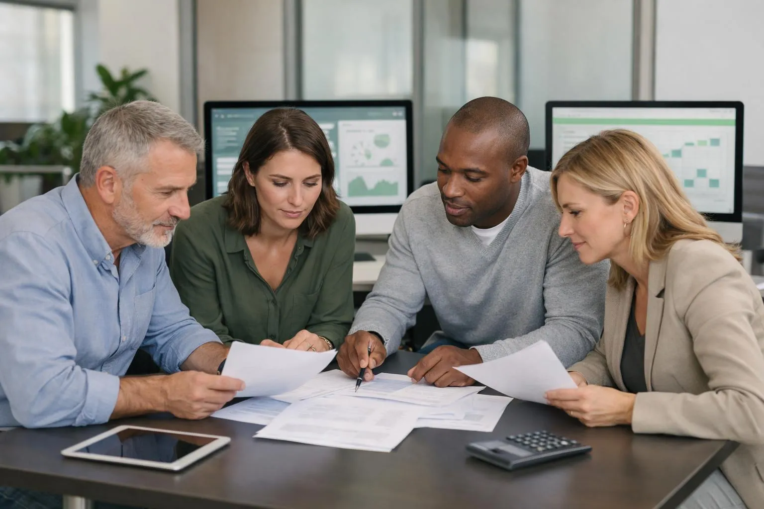 Espace de travail de bureau professionnel avec écrans d'ordinateur affichant un tableau de bord de gestion des subventions énergétiques, des graphiques d'automatisation des flux de travail et des interfaces de suivi de la conformité réglementaire, des professionnels collaborant autour d'un bureau moderne examin